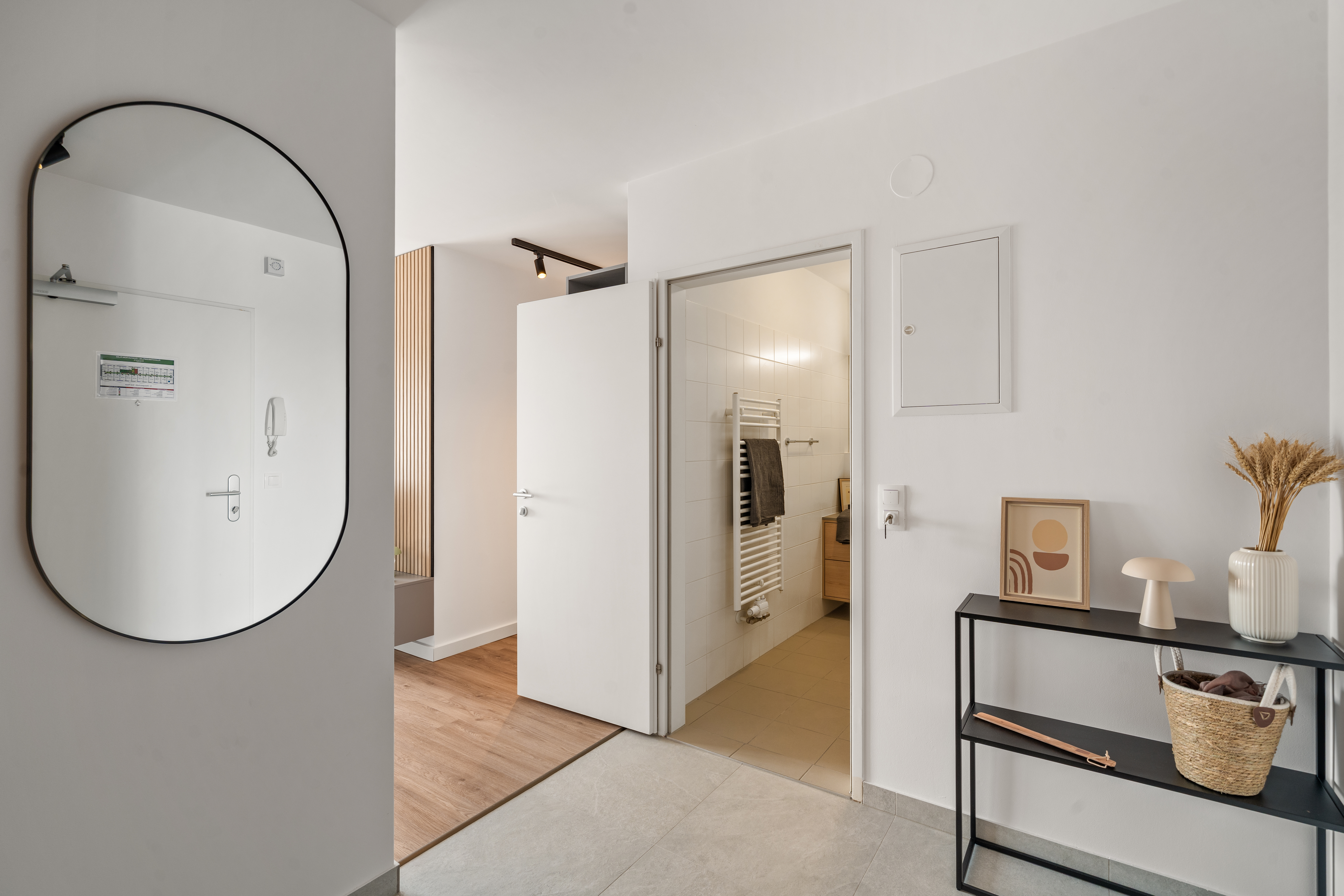 Apartment-Flur mit Spiegel, Garderobe und Zugang zu mehreren Räumen