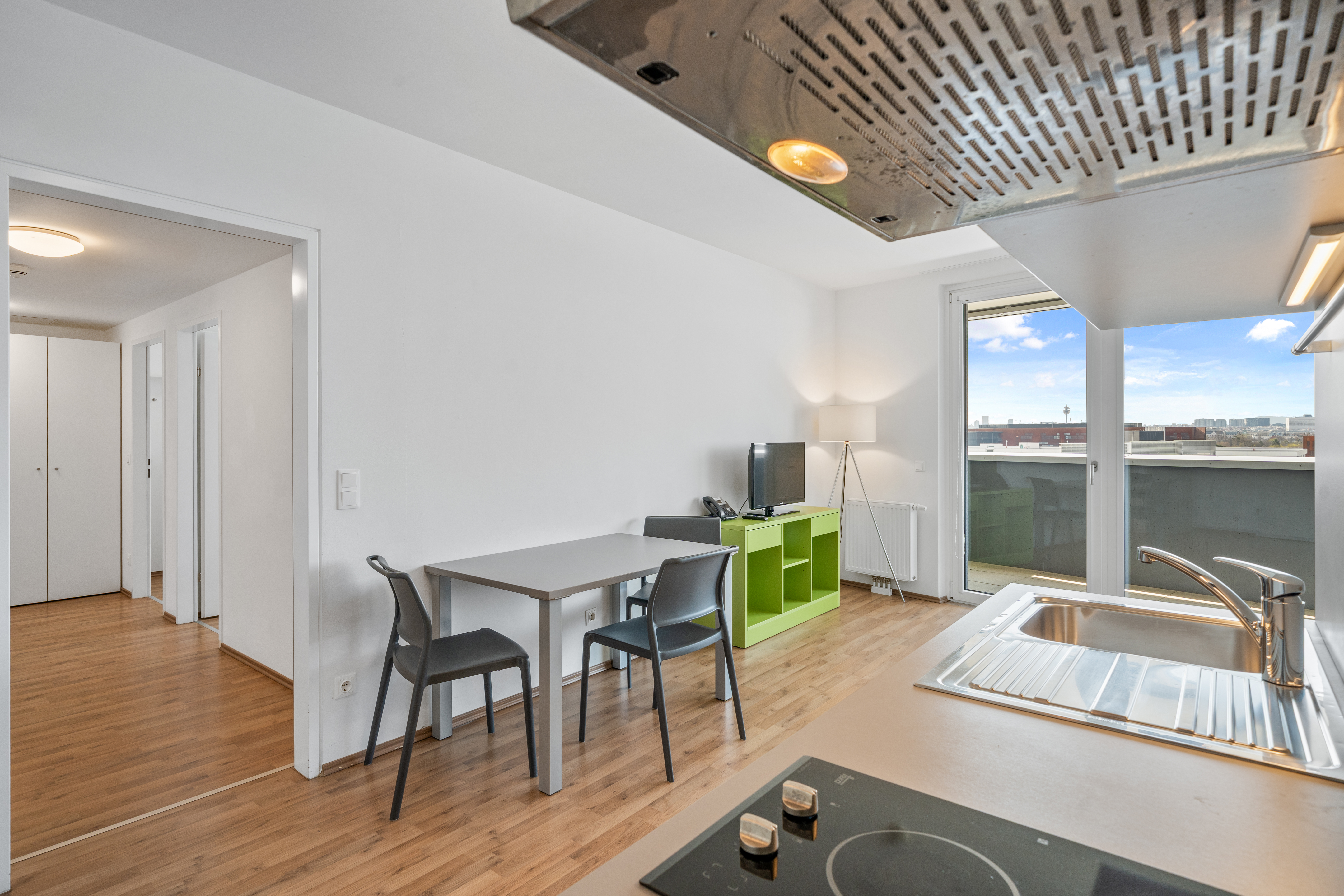Wohnbereich und Essplatz mit grauem Tisch, schwarzen Stühlen und grünem Sideboard in einem möblierten XL Apartment
